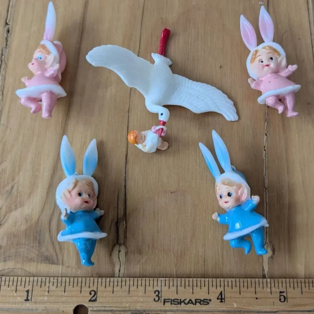 5 pcs Vintage baby shower cake topper mini figurines - Blue, pink bunnies, stork